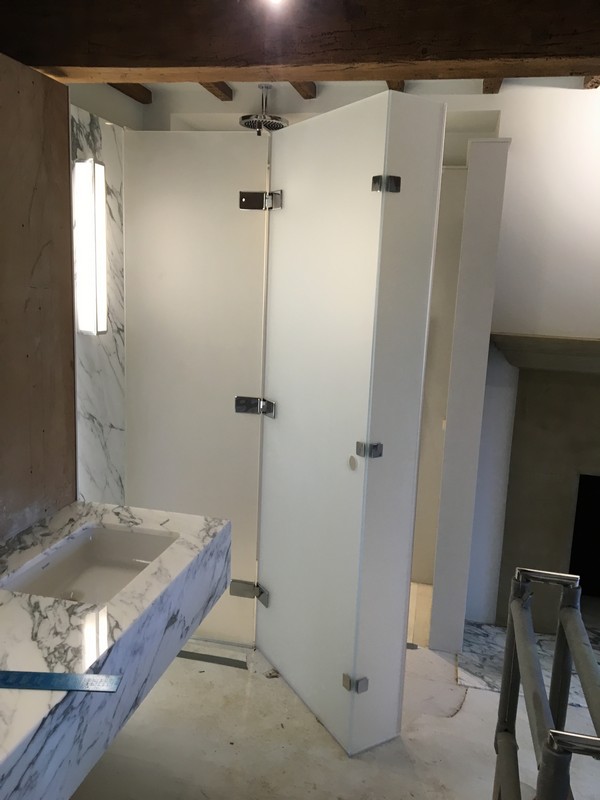 Bespoke frosted glass shower enclosure in Bicester luxury bathroom